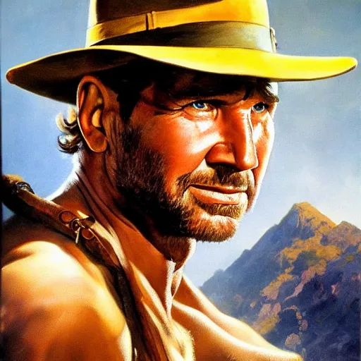 Image similar to ultra realistic portrait painting of indiana jones, art by frank frazetta, 4 k, ultra realistic, highly detailed, epic lighting