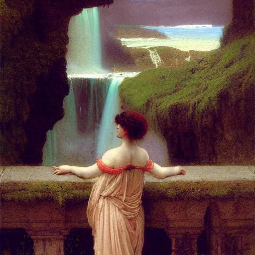 Image similar to a renaissance oil painting by alma tadema of a woman turned back on a stone balcony covered in moss with over shoulder view on the niagara falls waterfall at night, colourful pastel artstation greg rutkowski, detailed academic bouguereau, sharp focus