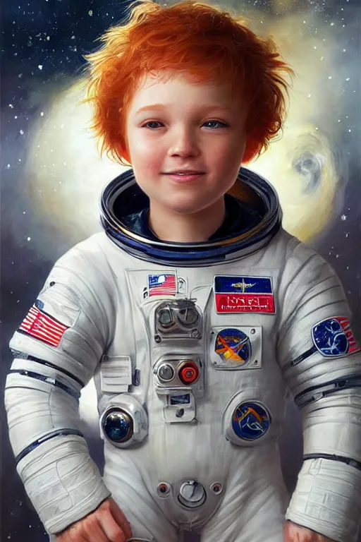 Image similar to a little boy with a michievous face and ginger hair. he is an astronaut, wearing a space suit. clean elegant painting, beautiful detailed face. by raymond swanland and artgerm and greg rutkowski