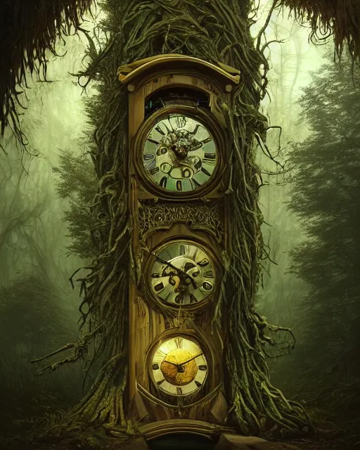 Image similar to highly detailed surreal vfx portrait of a cursed grandfather clock in a shadowy forest by a willow tree, stephen bliss, unreal engine, greg rutkowski, loish, rhads, beeple, makoto shinkai and lois van baarle, ilya kuvshinov, rossdraws, tom bagshaw, alphonse mucha, global illumination, detailed and intricate environment