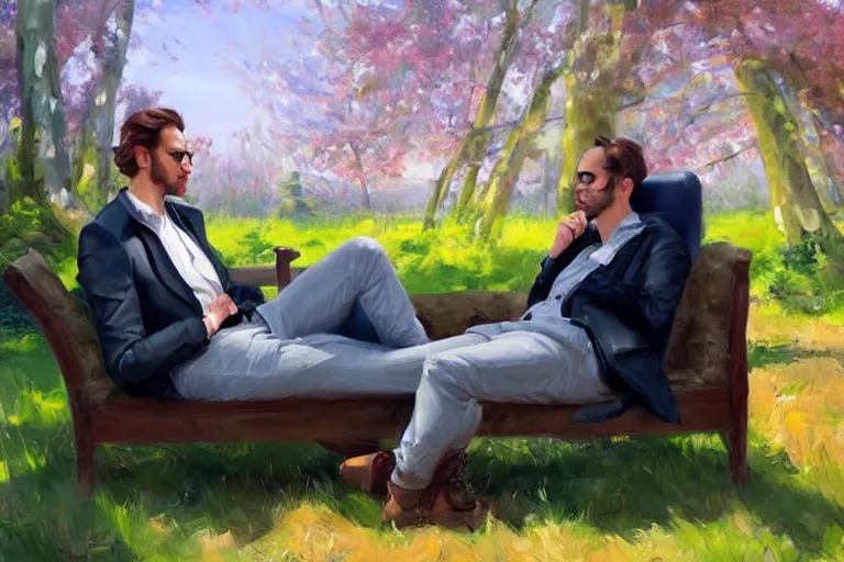 Prompt: 2 attractive men sitting on a coach in forest, painting by vladimir volegov, tom of finland, trending on artstation