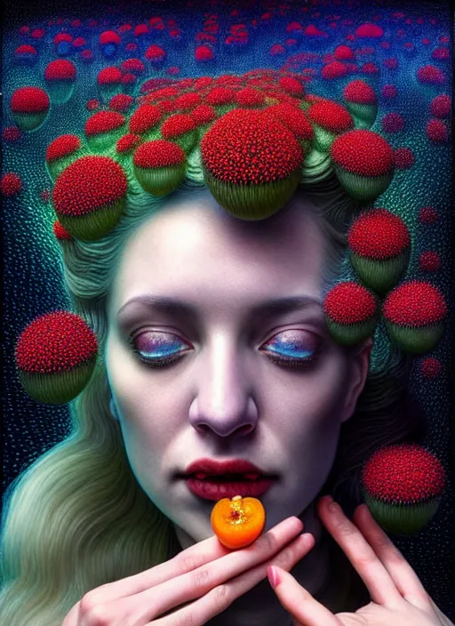 Image similar to hyper detailed 3d render like a Oil painting - Aurora (Singer) Eats of the Strangling Fruit of penance open eyes and Her Hands full of gossamer polyp blossoms bring iridescent fungal flowers whose spores black the foolish stars by Jacek Yerka, Mariusz Lewandowski, Houdini algorithmic generative render, Abstract brush strokes, Masterpiece, Edward Hopper and James Gilleard, Zdzislaw Beksinski, Mark Ryden, Wolfgang Lettl, hints of Yayoi Kasuma, octane render, 8k