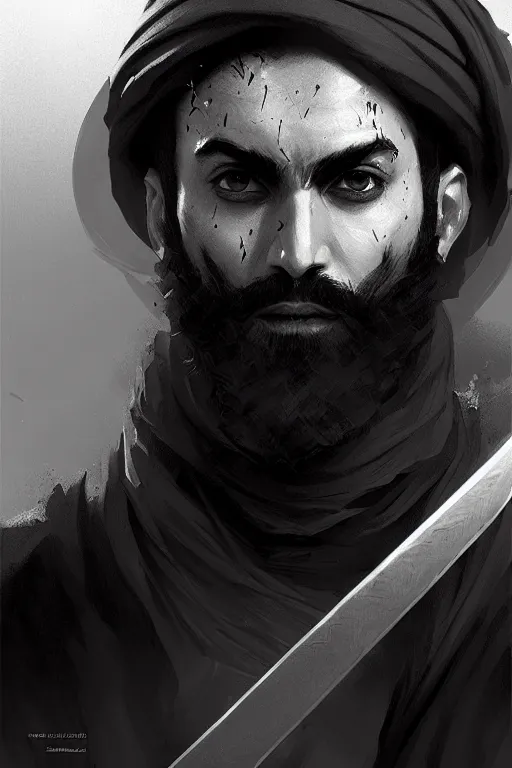 Image similar to Arab man light beard, bald, swordsman, modern, hero, black and white, highly detailed, digital painting, artstation, concept art, sharp focus, illustration, by greg rutkowski