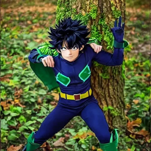 Prompt: midoriya with his superhero suit mixed with a deku tree outfit from zelda , long shot, epic, serious face, epic pose, anime style