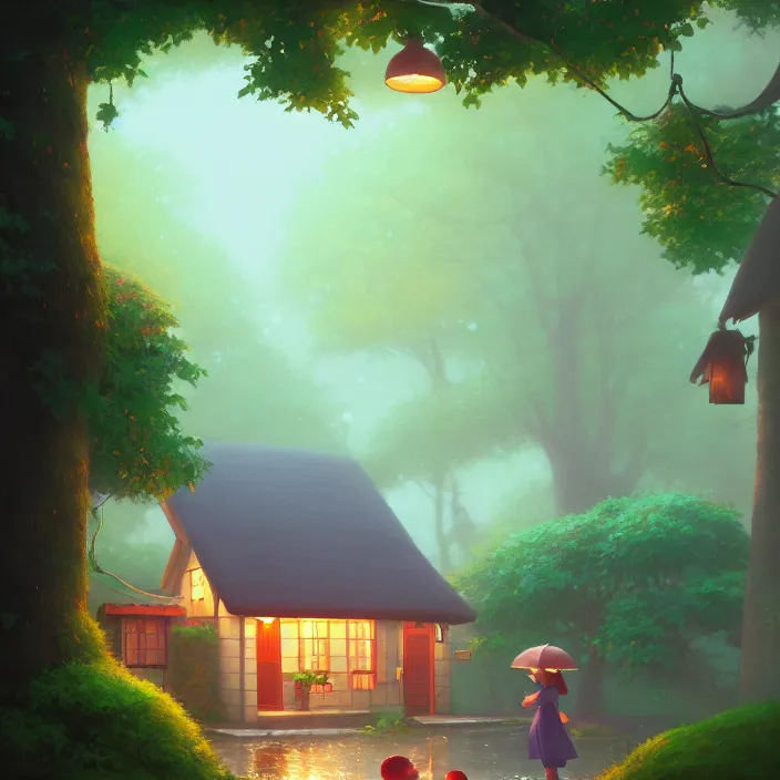 Prompt: a cozy little cottage in the rain, lush vegetation, vibrant colors, studio ghibli, atey ghailan, delphin enjolras, goro fujita, makoto shinkai, rim light, exquisite lighting, octane render, very coherent, trending on artstation