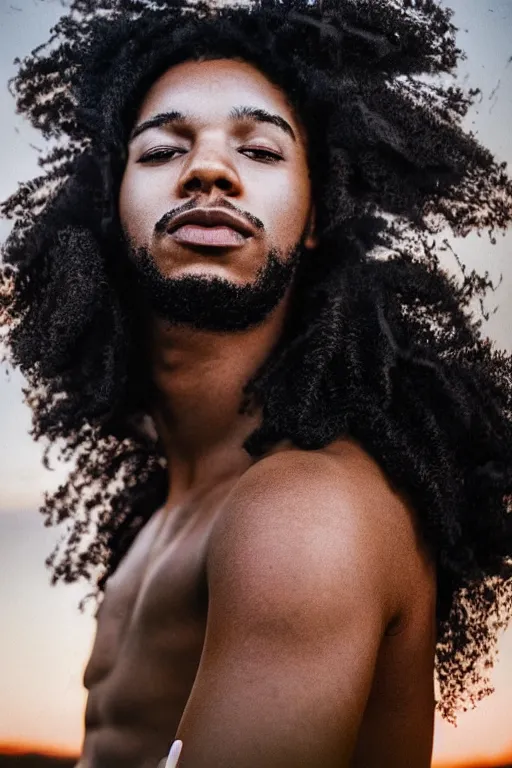 Prompt: double exposure young black man with long curly hair, detailed curls, mountain meadow sunrise