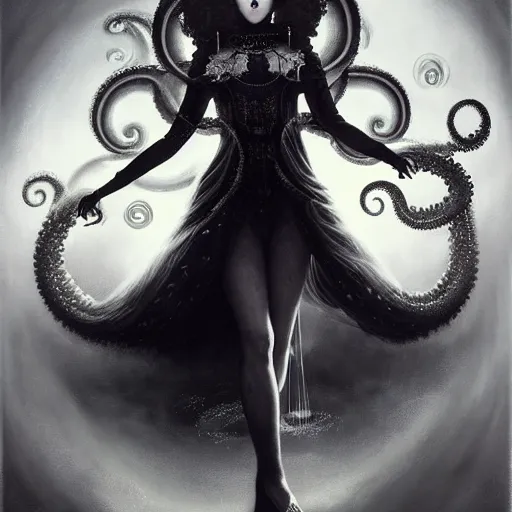 Image similar to By Tom Bagshaw, ultra realist soft painting of a curiosities carnival bubbles and tentacles by night, very beautiful female dollpunk in full gothic dress, symmetry accurate features, very intricate details, omnious sky, black and white, volumetric light clouds