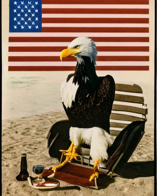 Prompt: postcard showing 'a cool bald eagle perched on a beach chair with shades and a beer bottle' laying in the sand, advertisement, american flag