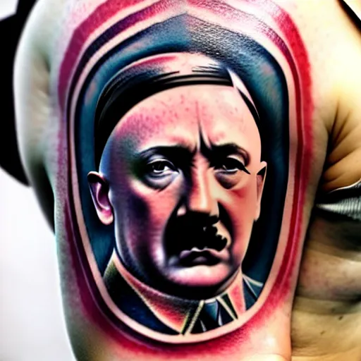 Image similar to tattoo of adolf hitler and coat of arms of ukraine many details, super realistic, high quality, 8 k