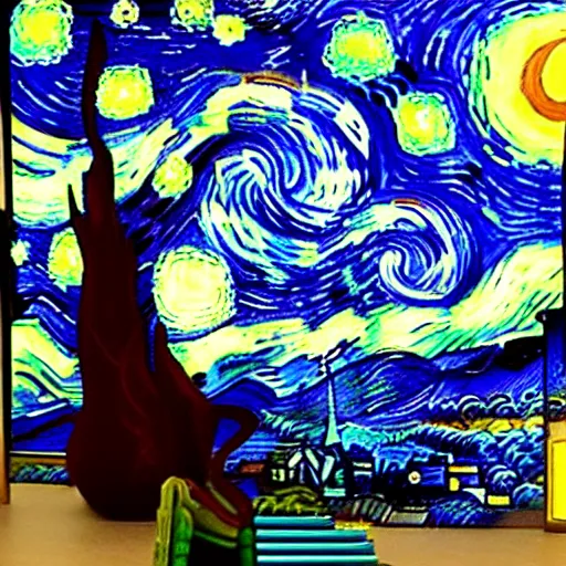 Image similar to vincent van gogh standing next to his painting starry night, stop motion vinyl action figure, plastic, toy, butcher billy style