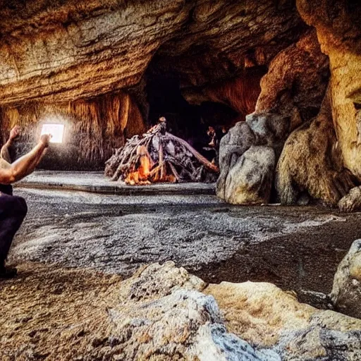 Prompt: “colur photo an homo Neanderthal taking a photo with his iPhone in front of a cave to a fire coocking a bull, photoreal photojournalism, National Geographic style”