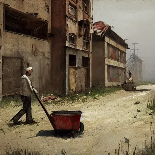 Image similar to painting by jakub rozalski of a person walking with a wheelbarrow in an abandoned post soviet town infested with root monsters