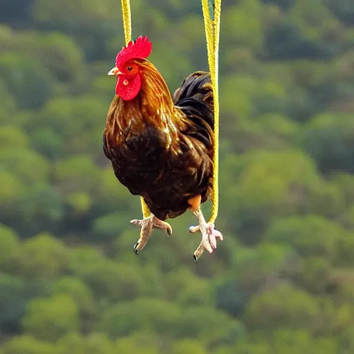 Prompt: A chicken bungee jumping