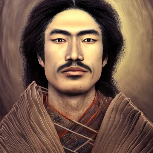 Image similar to a highly detailed radiosity 3d render of a man's face with long hair in kimono, an airbrush painting by David Alfaro Siqueiros, featured on pixiv, metaphysical painting, airbrush art, grotesque, wiccan, unreal engine 5, unreal engine, cryengine