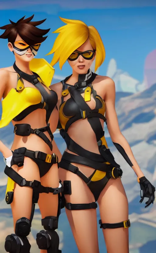 Image similar to tracer game character, in yellow bikini, blonde hair, black eyes, full height