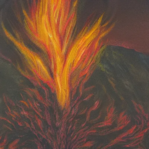 Image similar to A painting of a burning bush in mountainous terrain