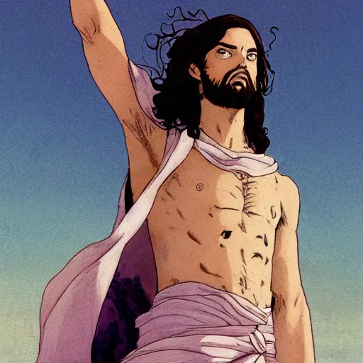 Prompt: jesus in a jojo dramatic pose, illustration by hirohiko araki and greg rutkowski