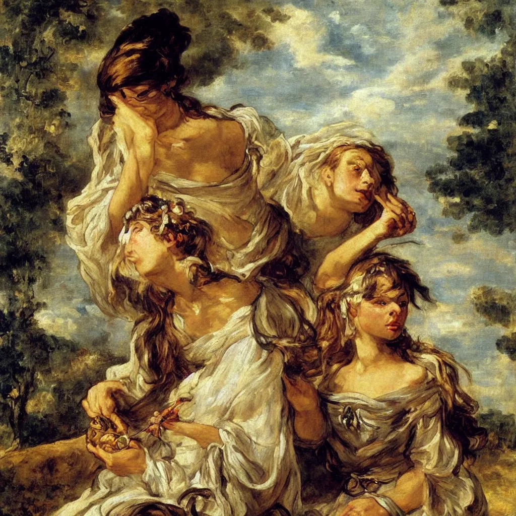 Image similar to A woman holding a bec de corbin and a wagon wheel, loose dress, flowing hair, windy, highly detailed, soft lighting, fantasy concept oil painting by Eugène Delacroix