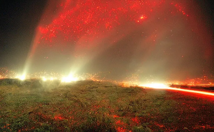 Prompt: end of the world, red spark, night, 2003 photo