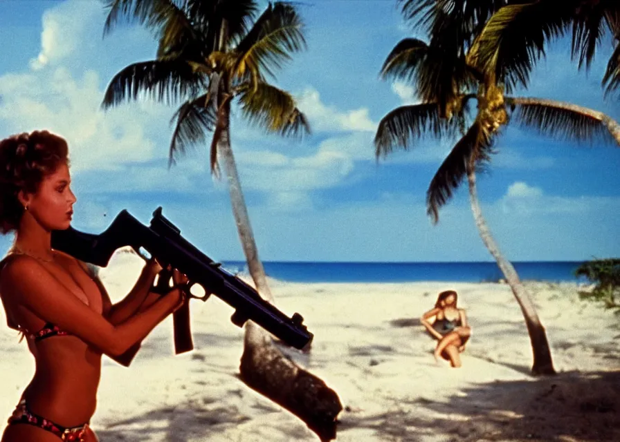 Image similar to 1 9 8 6 vintage movie screencap of a girl with a gun on a narco mansion, gucci clothes, night sky, beach and tropical vegetation on the background, 1 9 8 6 photo