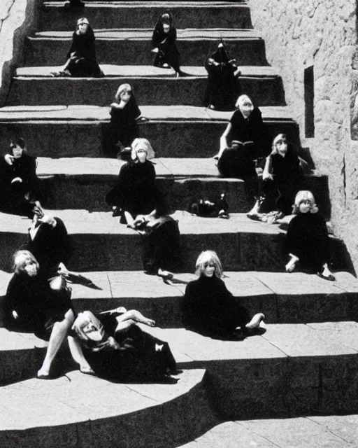 Prompt: a group of women in black dresses sitting on steps, a screenshot m. c. escher and pascal blanche and frank frazetta, behance, vorticism, reimagined by industrial light and magic, movie still, elite