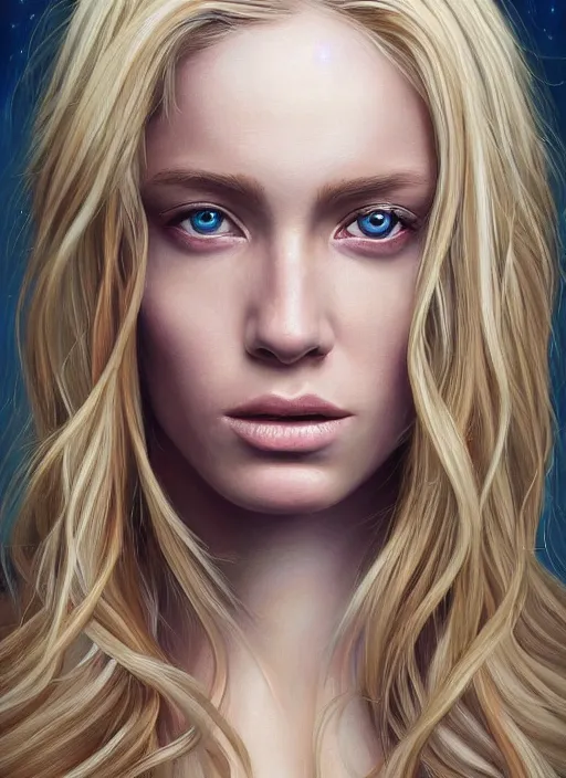 Image similar to a painting of a woman with long blonde hair, a photorealistic painting by magali villeneuve, featured on cgsociety, fantasy art, detailed painting, photorealistic