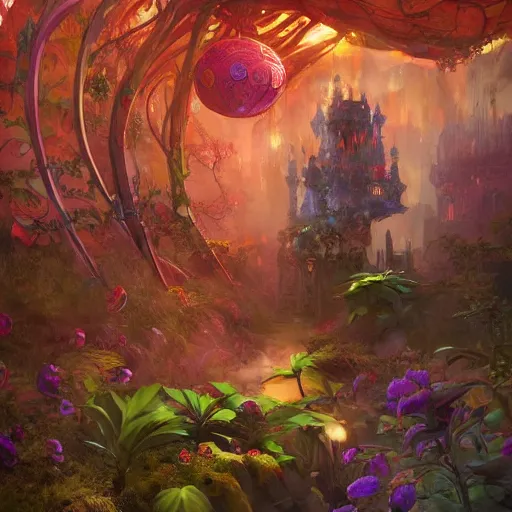 Image similar to dreamlike zelda garden fantasycore , glossy painting, Art Nouveau Cosmic 4k Detailed Matte Illustration featured on Getty Images ,CGSociety, Jade and Carrot orange color scheme, Pastiche by Marc Simonetti, Pastiche by Cedric Peyravernay