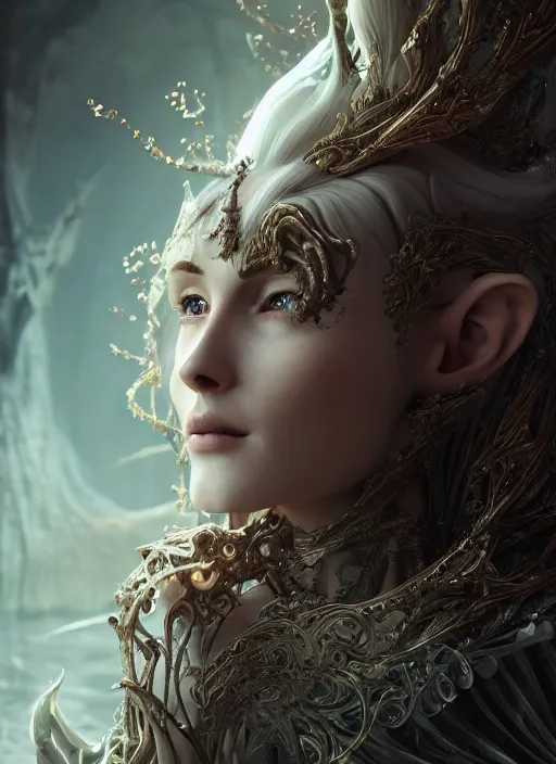 Image similar to beautiful biomechanical impish elven incredible hair, masterpiece crystalline incrustations, hyperdetailed face, elegant pose, movie still, intricate, octane render, cinematic lighting, cgsociety, unreal engine,