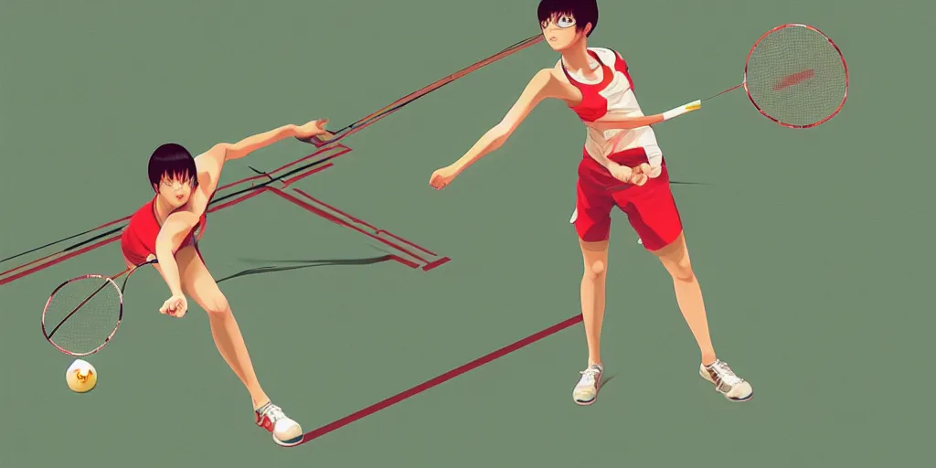 Prompt: illustration of a badminton, realistic body poses, badminton rackets, badminton birdies, by ilya kuvshinov katsuhiro otomo