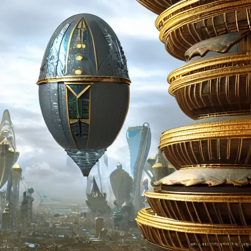 Image similar to enormous flying city in a gigantic faberge egg, sky, steampunk, fantasy art, unreal engine,