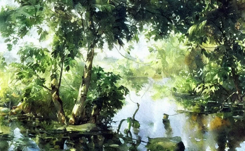 Prompt: oil painting lanscape by anders zorn, jungle nature, fruit trees, very very very very beautiful art, dramatic light, water reflections, aquarelle paint splashes, white painted border