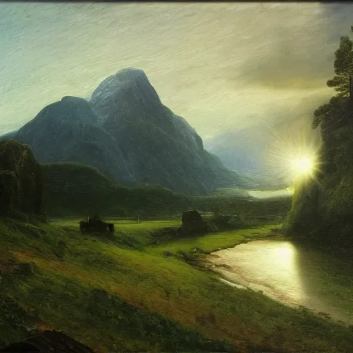 Prompt: a misty mountainous landscape, realistic oil on canvas, by caspar david friedrich, john constable, beautiful lighting, acclaimed award - winning