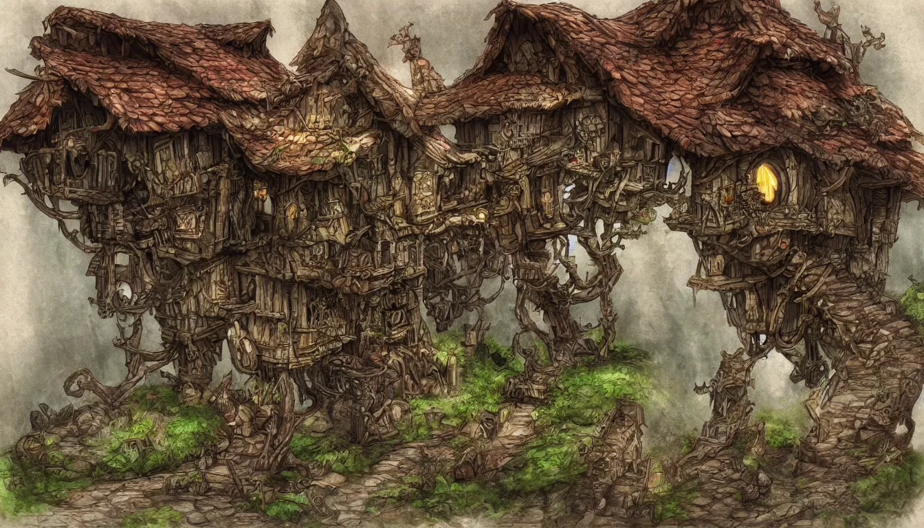 Image similar to Fantasy concept art of a baba yaga house on chicken legs.