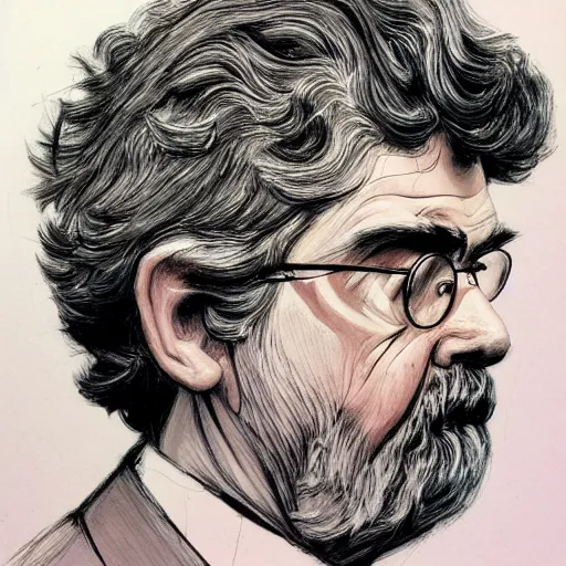 Prompt: a realistic yet scraggly portrait sketch of the side profile of a stern and sophisticated george lucas, trending on artstation, intricate details, in the style of frank auerbach, in the style of sergio aragones, in the style of martin ansin, in the style of david aja, in the style of mattias adolfsson