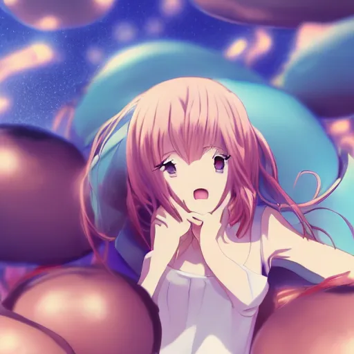 Prompt: an anime girl having a dream about doughnuts, anime concept art, 4k