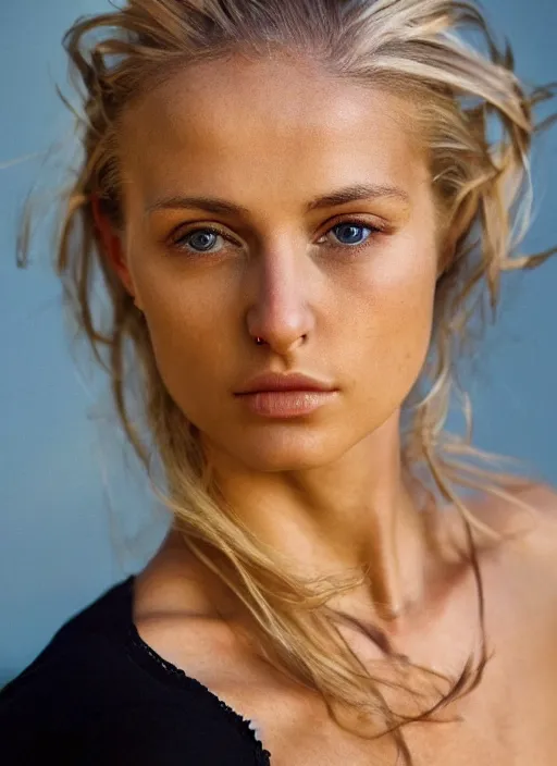 Prompt: photograph of an olive skinned blonde female model in her late twenties, her hair pinned up, wearing a designer top, looking content, focused on her neck, facing the camera, photo realistic, extreme detail skin, natural beauty, no filter, slr, golden hour, 4 k, high definition, selfie, by steve mccurry