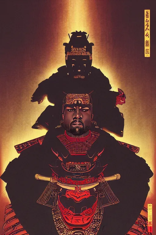 Image similar to poster of kanye west as a samurai, by yoichi hatakenaka, masamune shirow, josan gonzales and dan mumford, ayami kojima, takato yamamoto, barclay shaw, karol bak, yukito kishiro