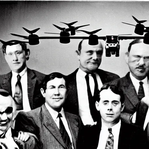 Image similar to vintage photograph of a close-up on a group of business men surrounded by drones, in a dump field, in the style of Terry Gilliam