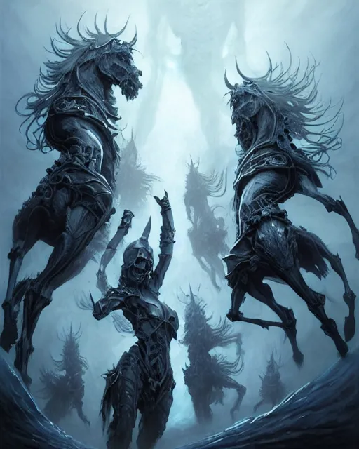 Prompt: concept art by artgerm, death of the four horsemen of the apocalypse, soft blue and grey natural light, intricate, i robot queen of death, highly detailed dark art, digital painting, artstation, concept art, smooth, sharp focus, illustration, art by greg rutkowski and luis rollo and uang guangjian and gil elvgren, symmetry!