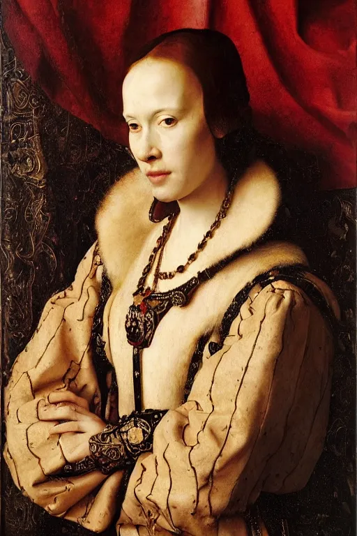 Image similar to portrait of juliette lewis, oil painting by jan van eyck, by hans holbein, northern renaissance art, old masters, alla prima, realistic, expressive emotions, intricate textures, illusionistic detail, masterpiece