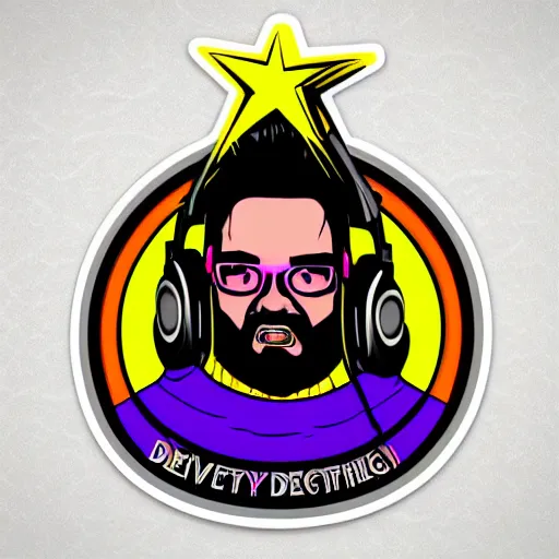 Image similar to svg vector sticker of absolutely divine-deity-God, rocking out, wearing headphones, huge speakers, dancing, rave, DJ, spinning records, digital art, amazing composition, rule-of-thirds, award-winning, trending on artstation, featured on deviantart