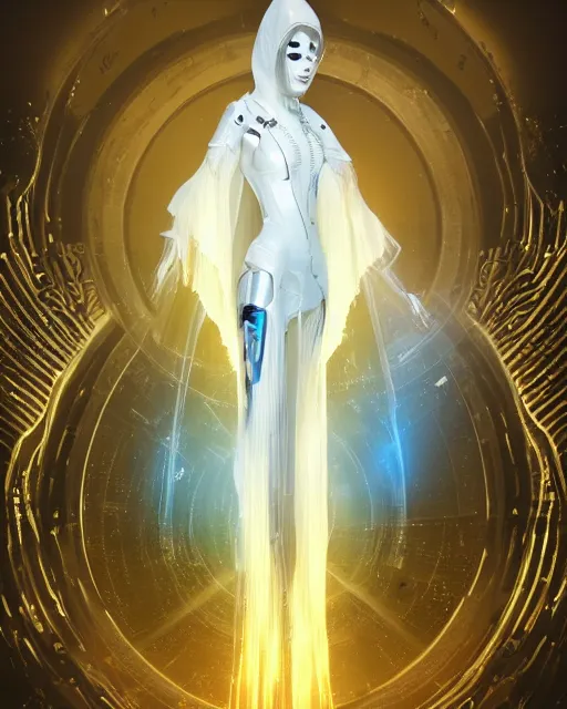 Image similar to detailed portrait of a beautyful cyber noun, necromancer, benevolent, scifi, futuristic, elegant cape, year 2 1 0 0, elegant, alien room background, white, blue, gold, trending on artstation, so - s 1 4 8 ft light, holy machine, advanced technology, art by vitaly bulgarov and nivanh chanthara