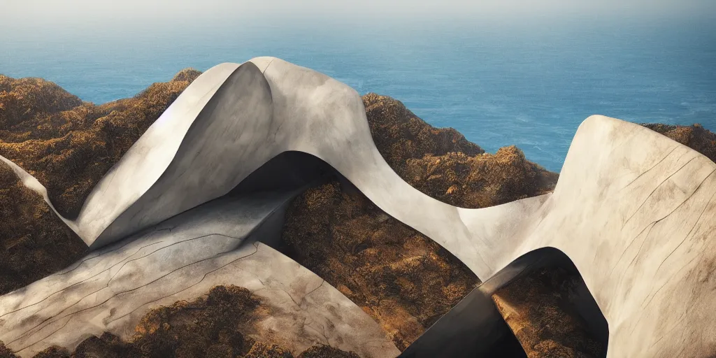 Image similar to steel structure on a cliff designed by zaha hadid, cinematic lighting, deep focus, sharp focus, golden ratio, dramatic illumination, hdr, ultra realistic, 8 k, highly detailed, trending on artstation, epic composition, by caravaggio, by artemisia lomi gentileschi