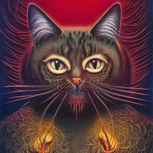 Image similar to a cat having an ego trip, by alex grey, by Esao Andrews and Karol Bak and Zdzislaw Beksinski and Zdzisław Beksiński, trending on ArtStation