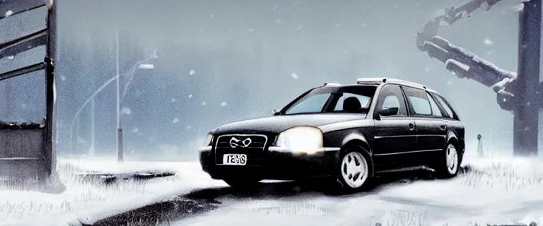 Image similar to Audi A4 B6 Avant (2002), a gritty neo-noir, dramatic lighting, cinematic, eerie person silhouette, death, homicide, homicide in the snow, gunshots, establishing shot, extremely high detail, photorealistic, cinematic lighting, artstation, by simon stalenhag, Max Payne (PC) (2001) winter new york at night, Max Payne 2 graphic novel style, flashing lights, Poets of the Fall - Late Goodbye