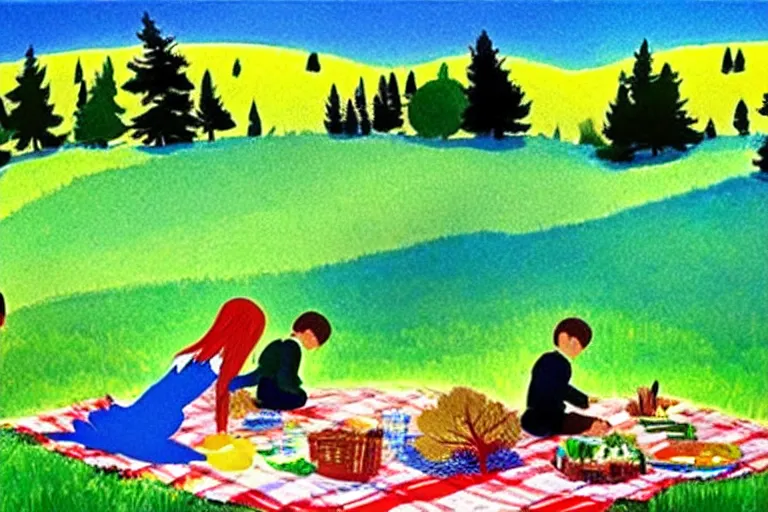 Prompt: ( ( ( ( ( ( ( a beautiful picnic scene in the rocky mountains ) ) ) ) ) ) ) by eric carle!!!!!!!!!!!!!!! detailed,