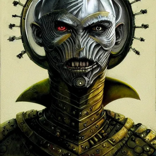 Prompt: ( ( ( head and shoulders portrait of a gaunt noseless yellow - skinned bald githyanki warrior in a breastplate, wielding a magical silver greatsword ) ) ), dave mckean, hr giger, peter mohrbacher, d & d, fantasy, medieval