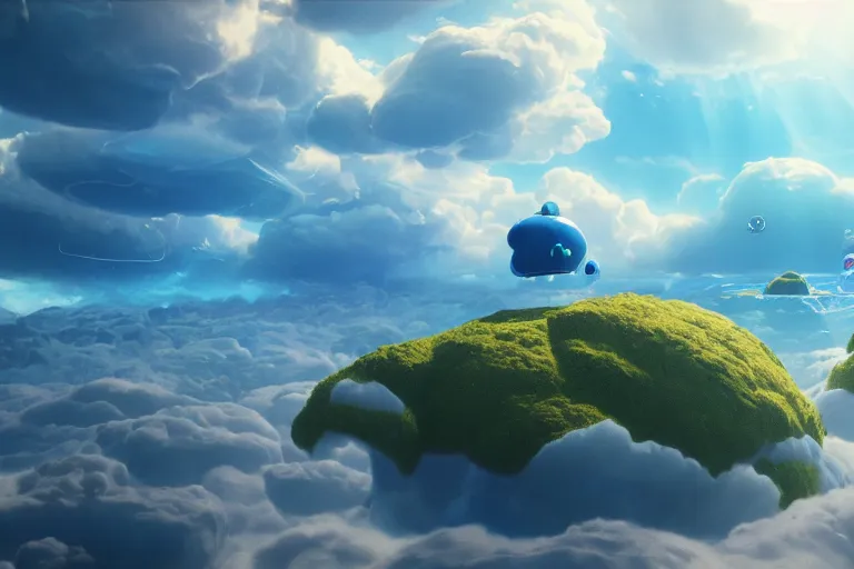 Prompt: cute blue shiny creatures flying through floating islands, extreme cloud formations, uncanny, cinematic lighting, thomas cole, still from inside out, octane render, ray tracing, volumetric lighting, 4 k