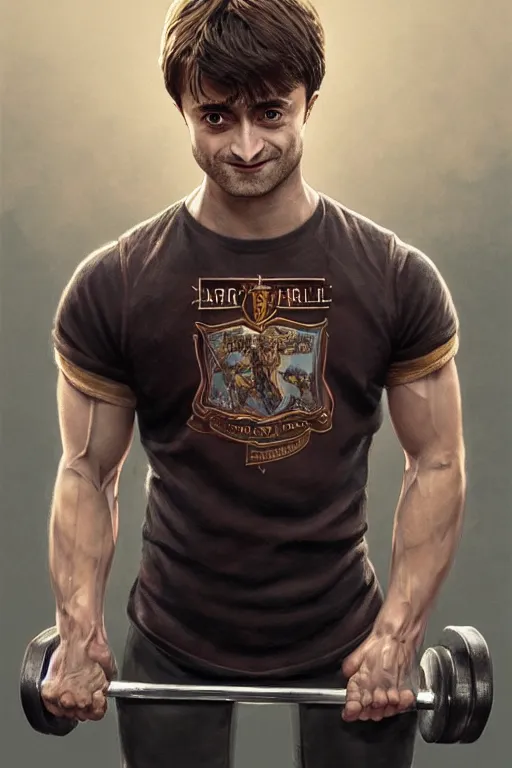 Image similar to highly detailed rendering of Daniel Radcliffe as Harry Potter doing barbell back squats, dingy gym, wearing a muscle tee shirt, symmetrical, highly detailed, digital painting, artstation, concept art, smooth, sharp focus, illustration, cinematic lighting, art by artgerm and greg rutkowski and alphonse mucha