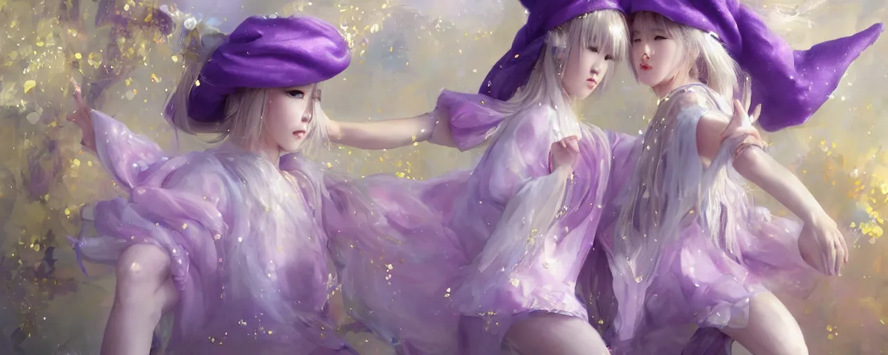 Image similar to Full View of a mysterious kpop fairy maidens with short blond hair wearing an oversized purple Beret, Baggy Purple overall shorts, Short Puffy pants made of silk, silk shoes, a big billowy scarf, Golden Ribbons, white leggings Covered in stars. Short Hair. peasant magic. masterpiece 4k digital illustration by Ruan Jia and Mandy Jurgens and Artgerm and william-adolphe bouguereau, award winning, Artstation, art nouveau aesthetic, Alphonse Mucha background, intricate details, realistic, panoramic view, Hyperdetailed, 8k resolution, intricate art nouveau, smooth, sharp focus